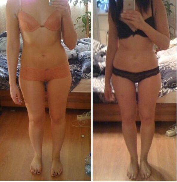 En tjej före och efter att ha gått ner i vikt på en japansk diet på 14 dagar